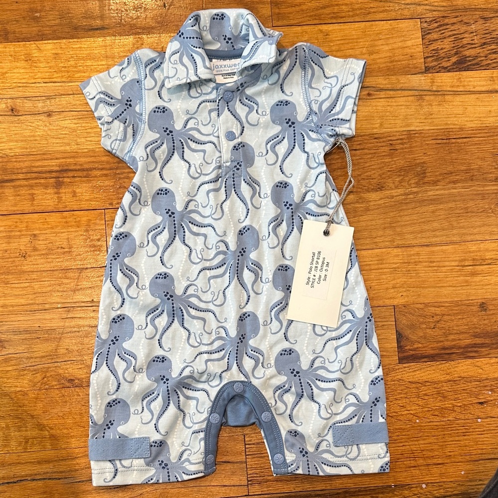 NWT Blue Nautical Octopus Print Polo Baby Onesie Shortall